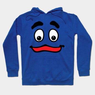 Blue cartoon face hoodie with front pocket, ideal for casual wear, cotton material, vibrant and playful design.
