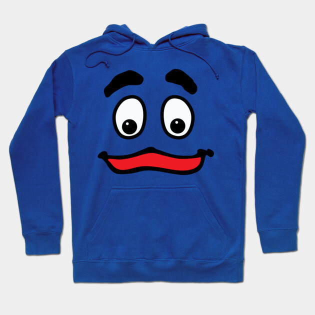 Blue cartoon face hoodie with front pocket, ideal for casual wear, cotton material, vibrant and playful design.