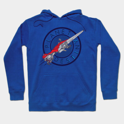 Blue hoodie with graphic design, featuring a sleek spaceship and "Planet Destiny" text, perfect for casual wear.