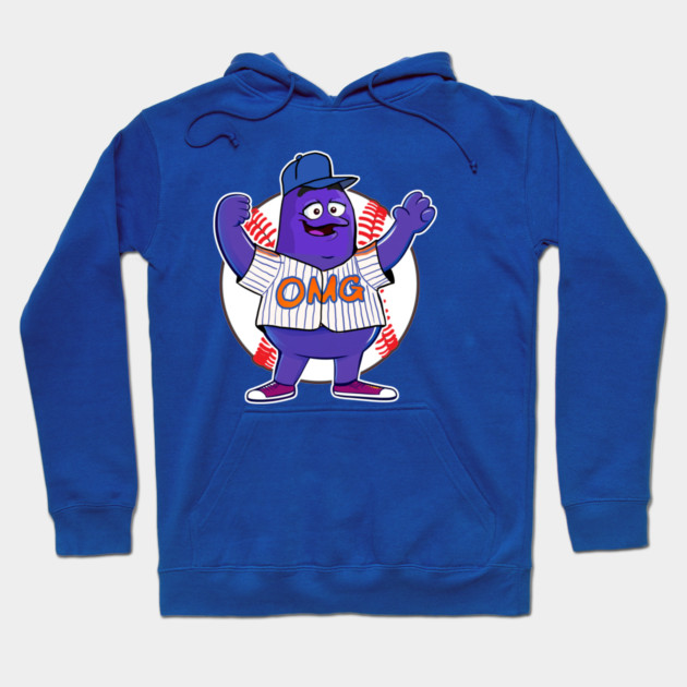 Blue hoodie with cartoon character and baseball design, featuring "OMG" text, casual wear, cotton material.