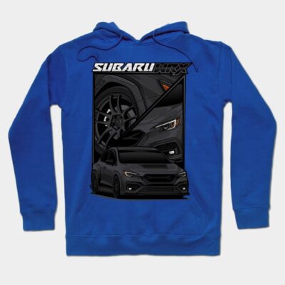Blue hoodie featuring a black car graphic with "Subaru WRX" text, ideal for casual wear and car enthusiasts.