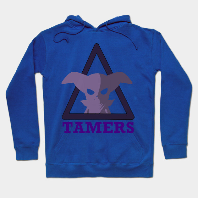 Blue hoodie with graphic design and "Tamers" text, featuring a purple logo. Casual style, ideal for daily wear.