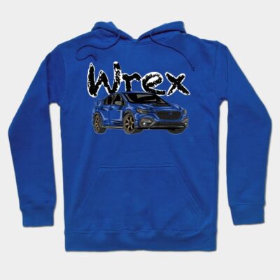 Blue "Wrex" hoodie featuring car graphic, casual style, cotton material, perfect for car enthusiasts.