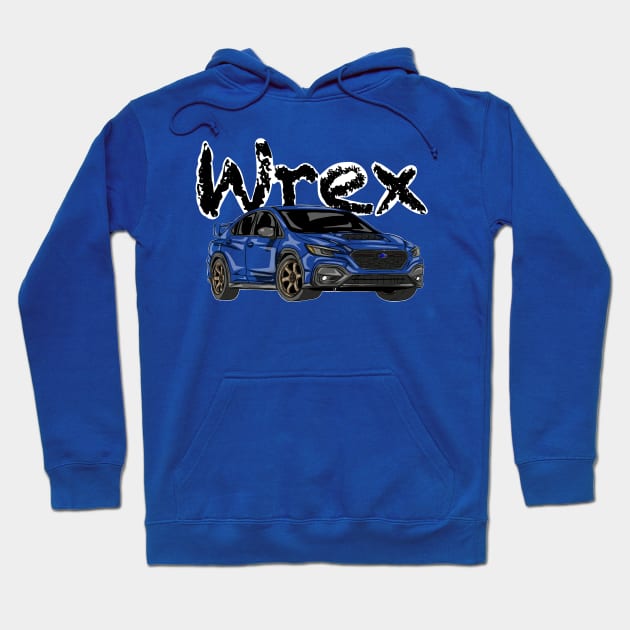 Blue "Wrex" hoodie featuring car graphic, casual style, cotton material, perfect for car enthusiasts.