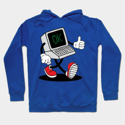 Blue hoodie with retro computer graphic, featuring a playful design. Casual style, ideal for tech enthusiasts. Cotton material.