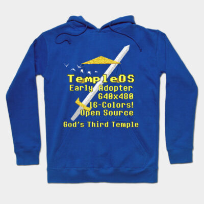 Blue TempleOS hoodie featuring retro graphic design, perfect for tech enthusiasts, made from soft cotton blend.