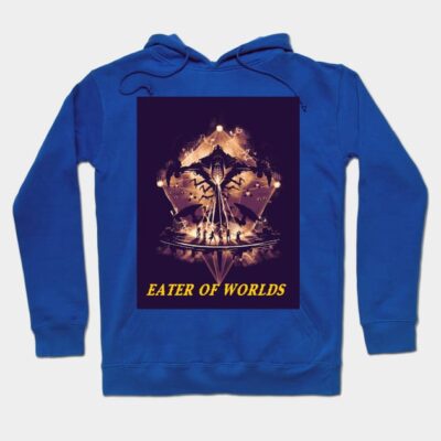 Blue hoodie with "Eater of Worlds" graphic design, casual style, cotton blend, ideal for everyday wear.