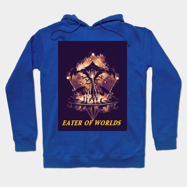Blue hoodie with "Eater of Worlds" graphic design, casual style, cotton blend, ideal for everyday wear.