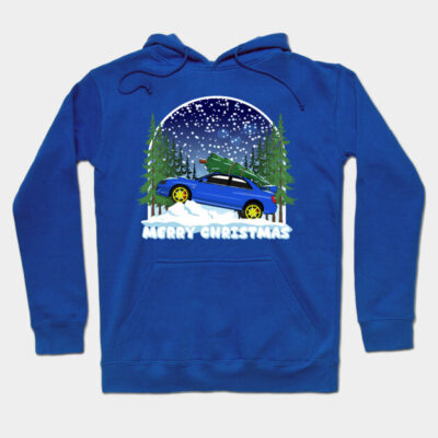 Blue Christmas hoodie with car and tree graphic, festive winter design, cozy cotton material, ideal for holiday wear.