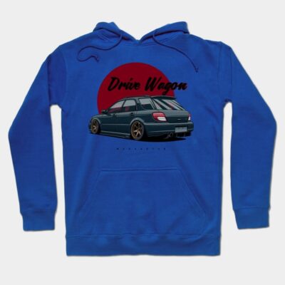 Blue hoodie with "Drive Wagon" graphic, featuring a car design. Casual, comfortable, perfect for car enthusiasts.