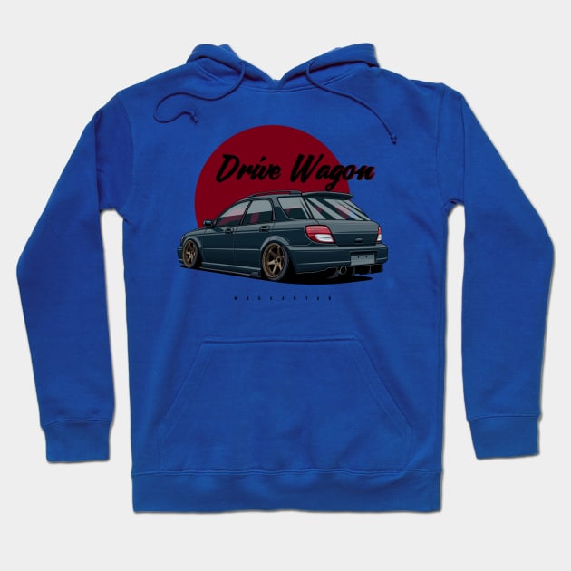 Blue hoodie with "Drive Wagon" graphic, featuring a car design. Casual, comfortable, perfect for car enthusiasts.