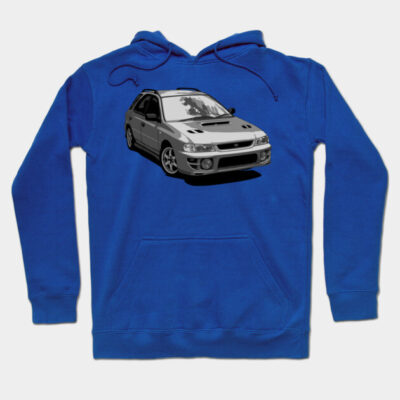 Blue hoodie with a graphic design of a gray sports car, casual style, cotton material, perfect for everyday wear.