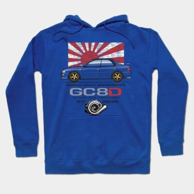 Blue hoodie with a car graphic and text design, featuring a sporty style, ideal for casual wear.