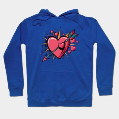 Blue hoodie with vibrant heart and arrow graphic design; casual wear, cotton blend, unisex style.