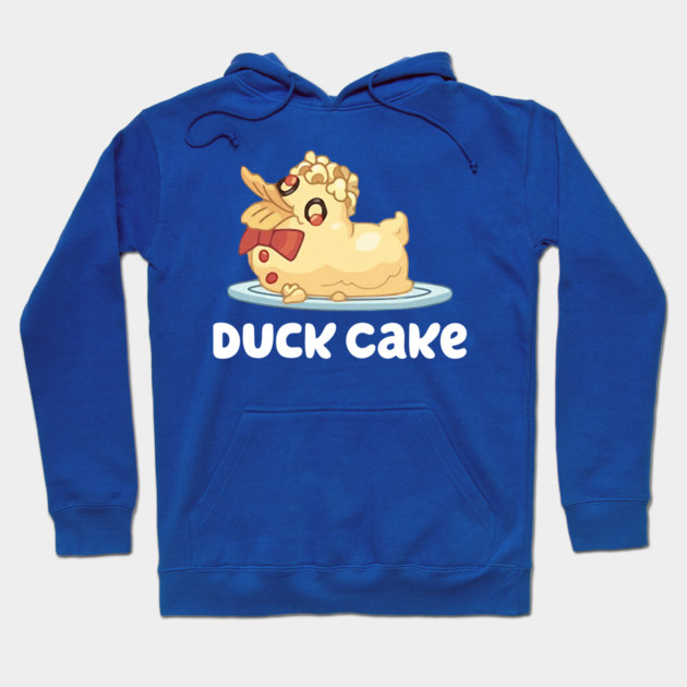 Blue hoodie with playful duck cake graphic, featuring a cartoon style. Perfect for casual wear and cozy comfort.