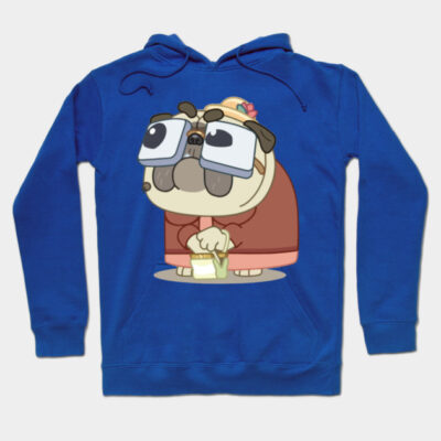 Blue hoodie with cute cartoon pug graphic, cozy casual wear, cotton blend, unisex style for comfort and warmth.