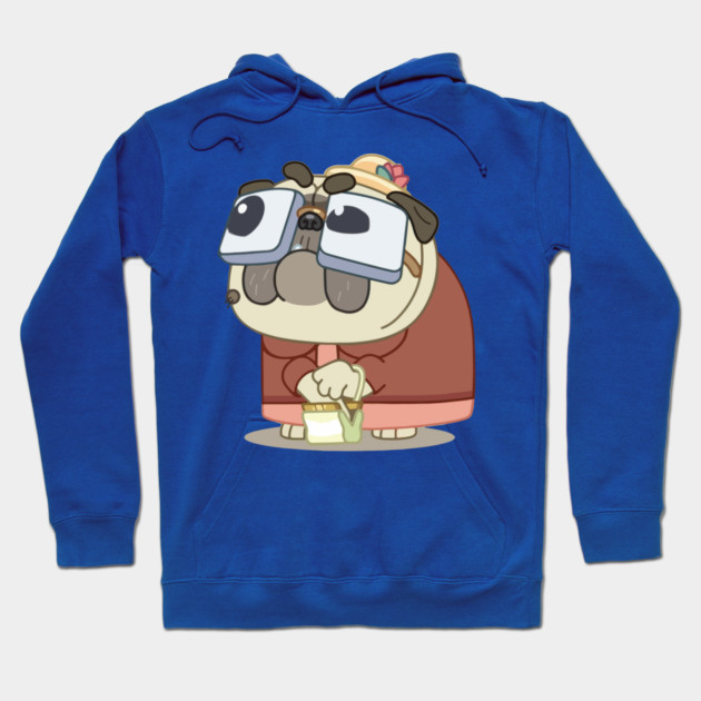 Blue hoodie with cute cartoon pug graphic, cozy casual wear, cotton blend, unisex style for comfort and warmth.
