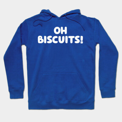 Blue hoodie with "Oh Biscuits!" text, casual style, cotton material, perfect for everyday wear.