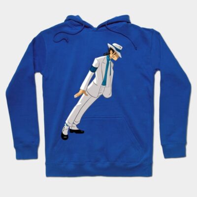 Blue hoodie with a stylish graphic of a leaning figure in a white suit and hat, perfect for casual wear.