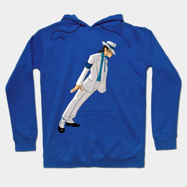 Blue hoodie with a stylish graphic of a leaning figure in a white suit and hat, perfect for casual wear.