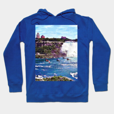 Blue hoodie featuring a vibrant Niagara Falls graphic, casual style, ideal for outdoor wear, cotton blend material.