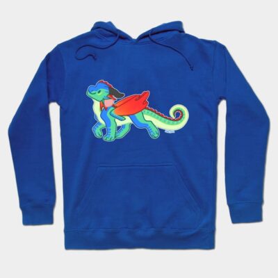 Blue hoodie with colorful dragon graphic, featuring a front pocket and adjustable drawstrings. Perfect for casual wear.