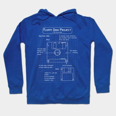 Blue hoodie with floppy disk design, featuring detailed schematic print. Casual style, ideal for tech enthusiasts.