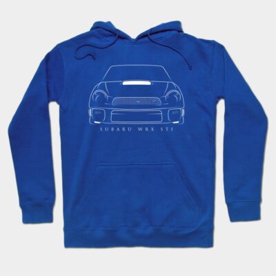 Blue hoodie with car graphic design, featuring front pocket and drawstring hood, ideal for casual wear.