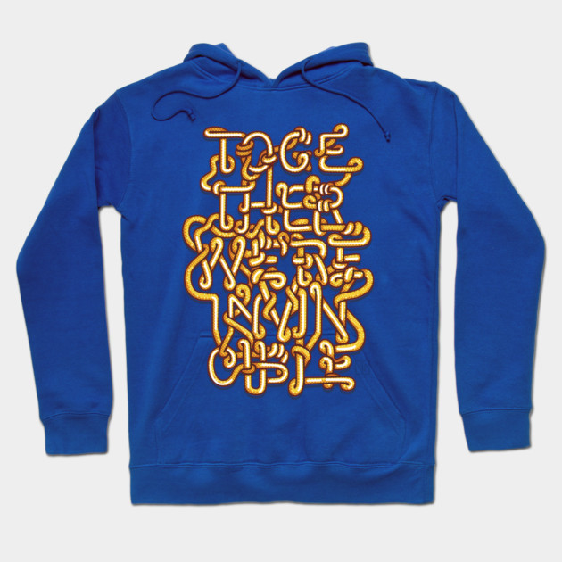 Blue cotton hoodie with vibrant abstract text design, perfect for casual wear and comfort.
