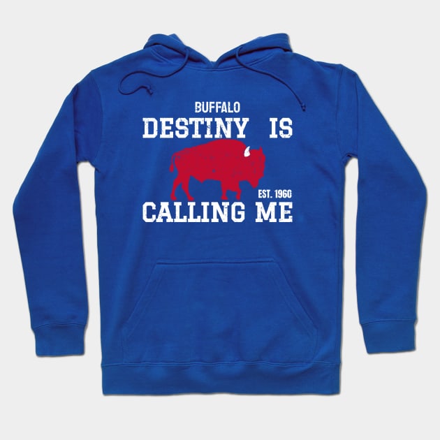 Blue hoodie with "Destiny is Calling Me" text and red buffalo graphic, casual cotton blend, unisex design.