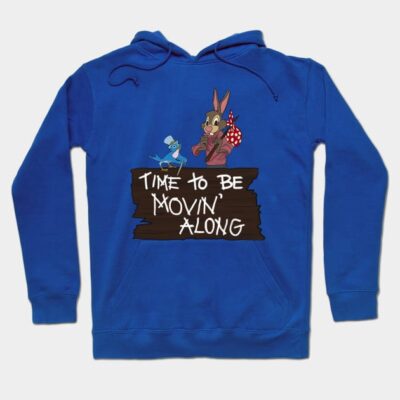 Blue hoodie with playful cartoon design and "Time to Be Movin' Along" text, perfect for casual wear.
