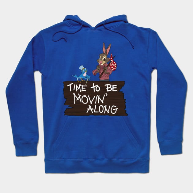 Blue hoodie with playful cartoon design and "Time to Be Movin' Along" text, perfect for casual wear.
