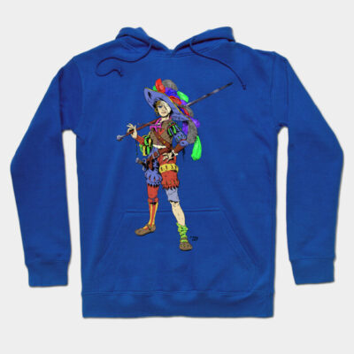 Blue hoodie with colorful jester print, cotton material, casual style, perfect for everyday wear.