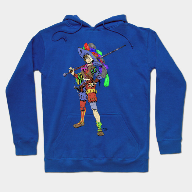 Blue hoodie with colorful jester print, cotton material, casual style, perfect for everyday wear.