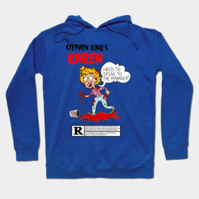 Blue hoodie featuring a humorous cartoon graphic and text, ideal for casual wear, made of soft cotton blend material.