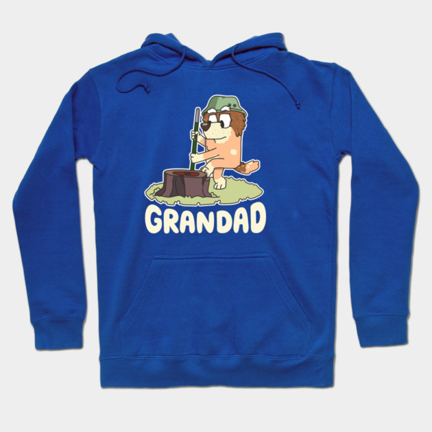 Blue hoodie with cartoon design and "Grandad" text, perfect for casual wear. Cozy, stylish, and ideal for gifting.