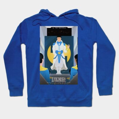 Blue graphic hoodie with superhero design, featuring comic-style illustration. Casual wear, cotton material.