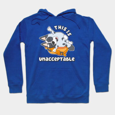 Blue hoodie with cartoon graphic and "This is Unacceptable" text, perfect for casual wear and comfort.