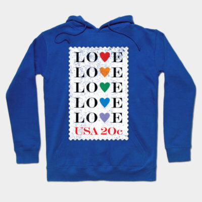 Blue hoodie with colorful "LOVE" stamp design, cozy cotton material, perfect for casual wear and gifting.
