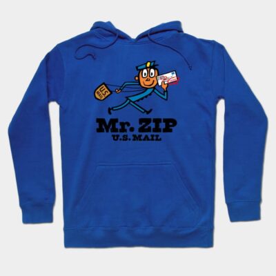 Blue Mr. ZIP U.S. Mail hoodie with graphic print, cozy style, cotton material, perfect for casual wear.