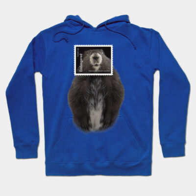 Blue hoodie featuring a Vancouver Island marmot print design, casual style, cozy material, ideal for wildlife enthusiasts.