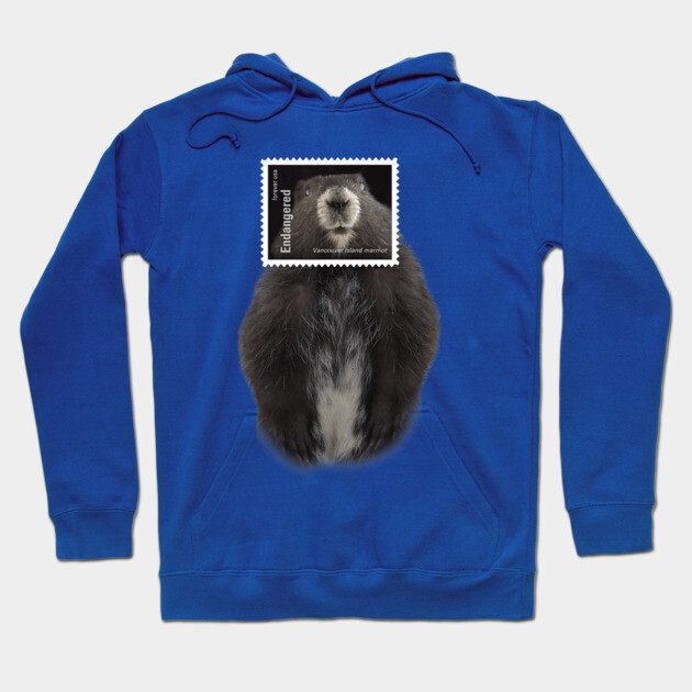 Blue hoodie featuring a Vancouver Island marmot print design, casual style, cozy material, ideal for wildlife enthusiasts.