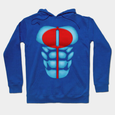 Blue hoodie with graphic muscle design, front pocket, and drawstring hood, perfect for casual wear and comfort.