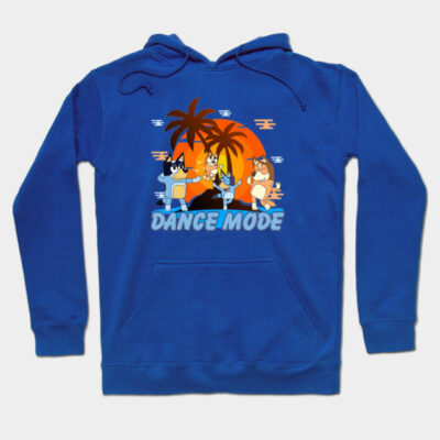 Blue hoodie with "Dance Mode" text and playful cartoon design, featuring palm trees and sunset graphics. Comfortable fit.