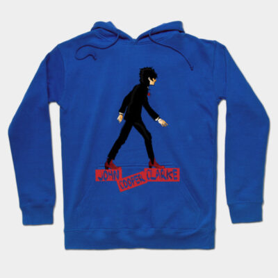Blue hoodie with graphic design, featuring walking silhouette and bold red text. Casual style, comfortable cotton material.