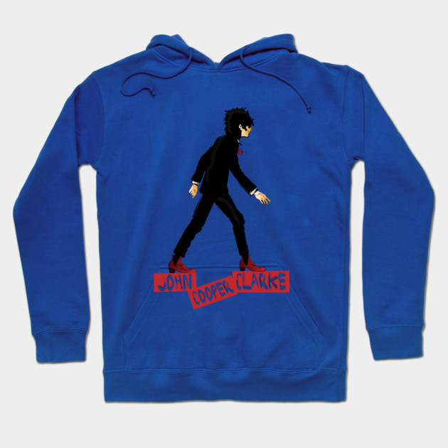 Blue hoodie with graphic design, featuring walking silhouette and bold red text. Casual style, comfortable cotton material.
