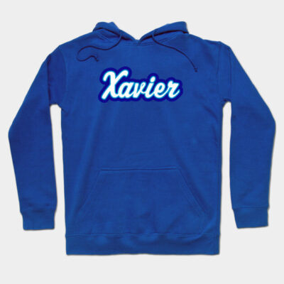 Blue hoodie with "Xavier" text in white, featuring drawstrings and a front pocket, ideal for casual wear.