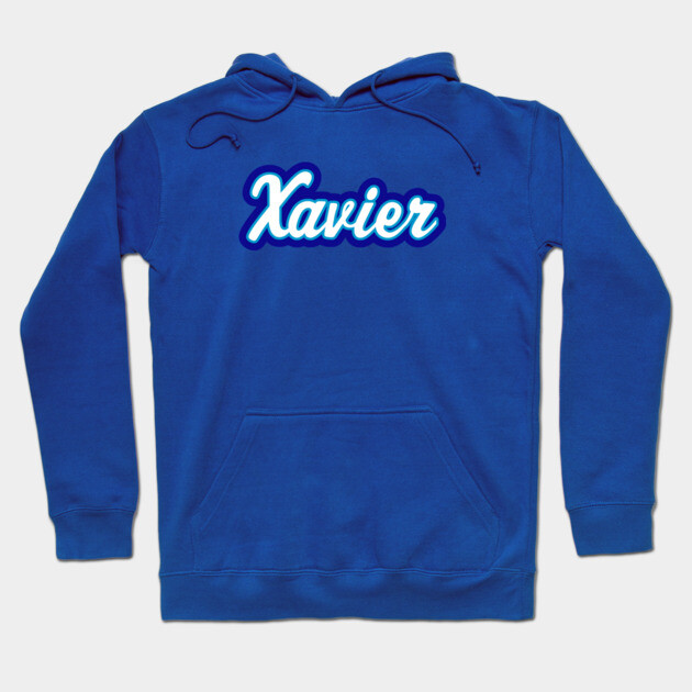 Blue hoodie with "Xavier" text in white, featuring drawstrings and a front pocket, ideal for casual wear.