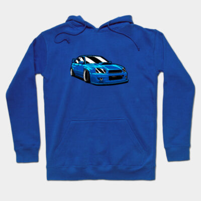 Blue hoodie with sporty car graphic, cotton material, casual style, perfect for everyday wear.