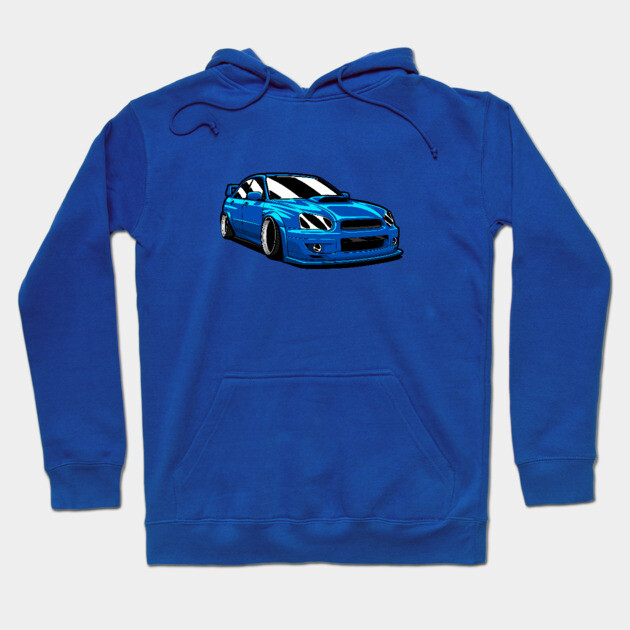 Blue hoodie with sporty car graphic, cotton material, casual style, perfect for everyday wear.
